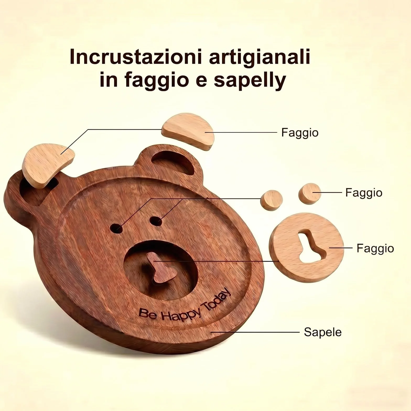 Set 6 sottobicchieri legno rotondi orso incastonato mano 11,5x9,5x1 cm marrone scuro
