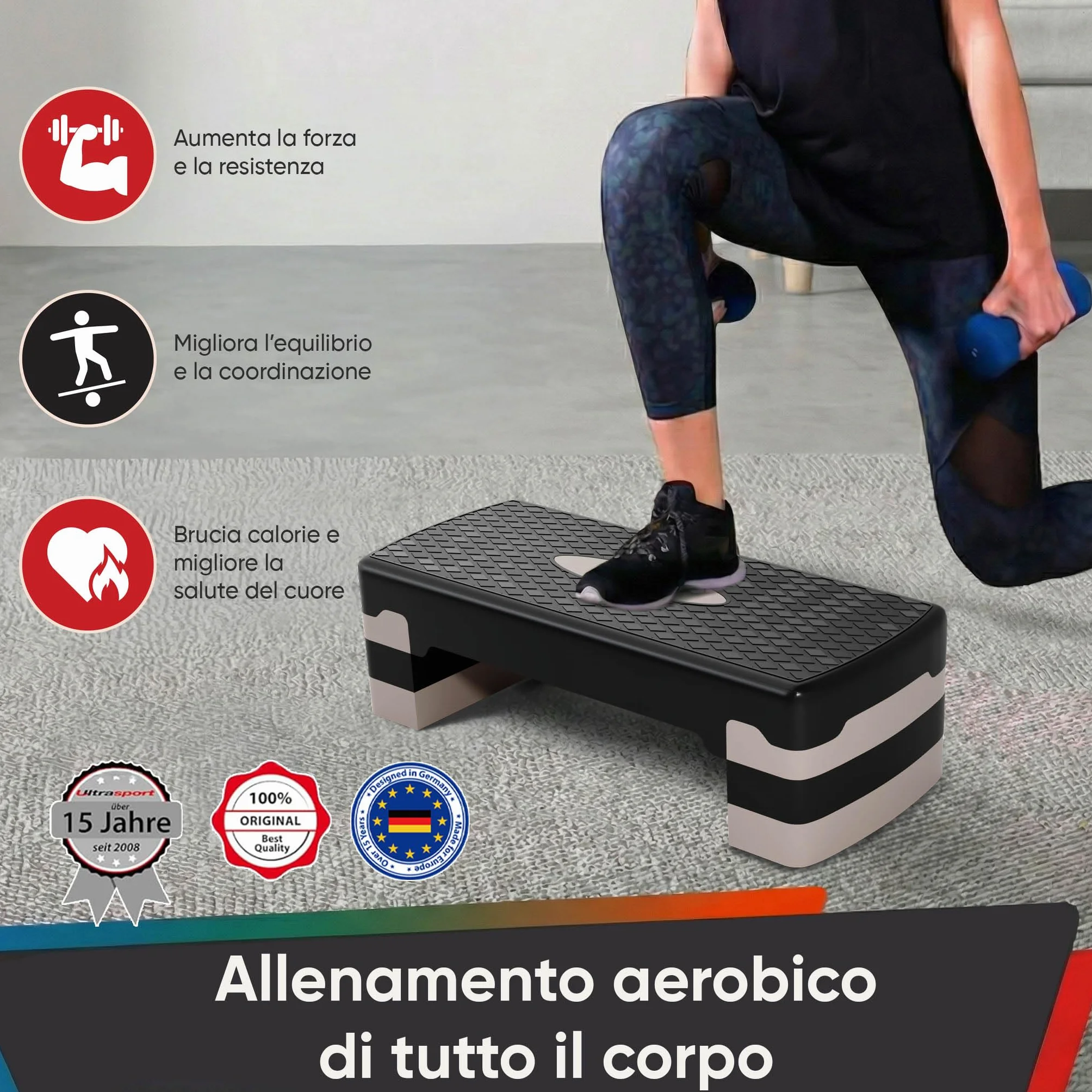 Ultrasport Step Fitness Aerobica Stepper Casa Antiscivolo Regolabile 3 Altezze Stepboard 68x28 cm Grigio