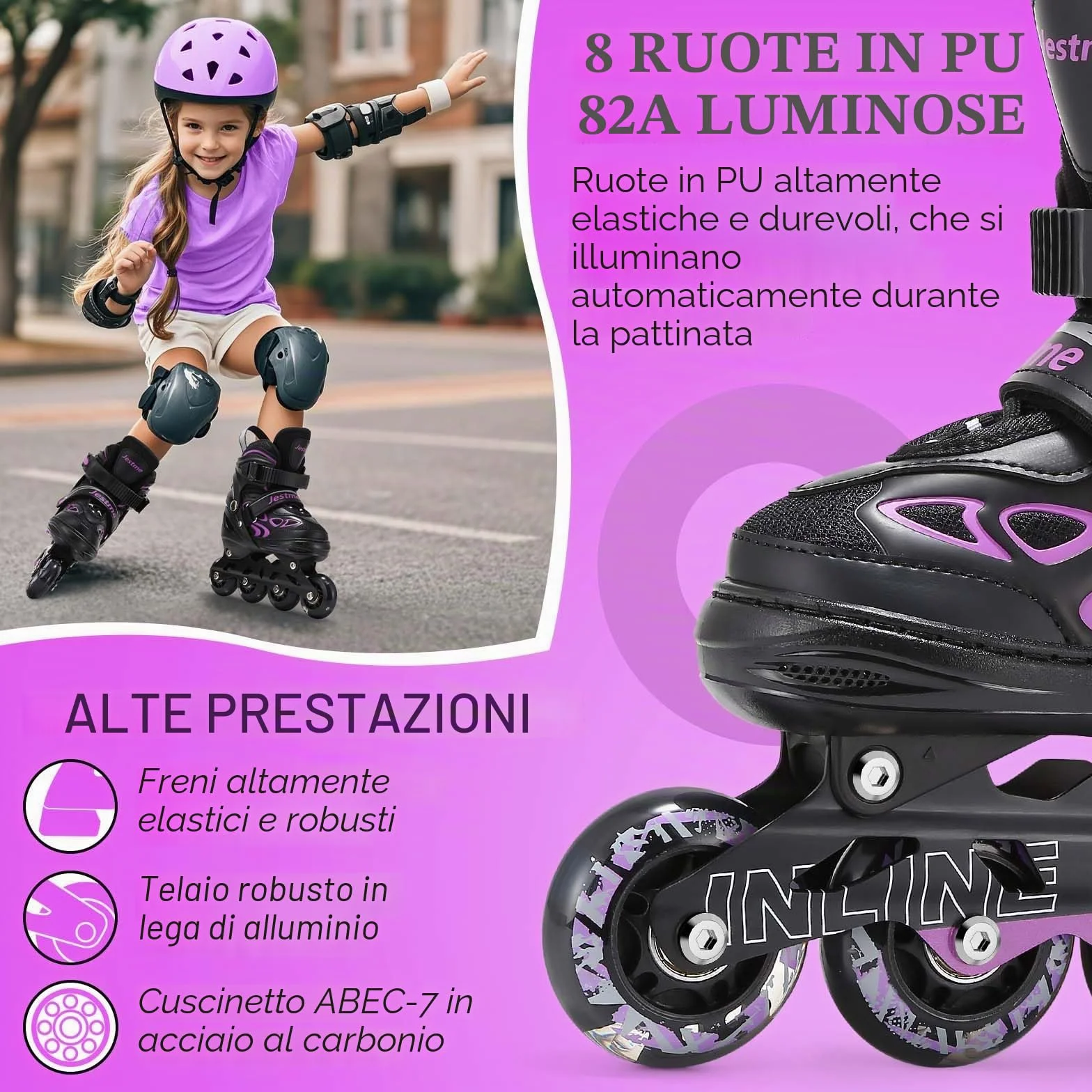 Pattini in linea per bambini, pattini a rotelle bambina regolabili per bambini ragazze ragazzi principianti per interni ed esterni