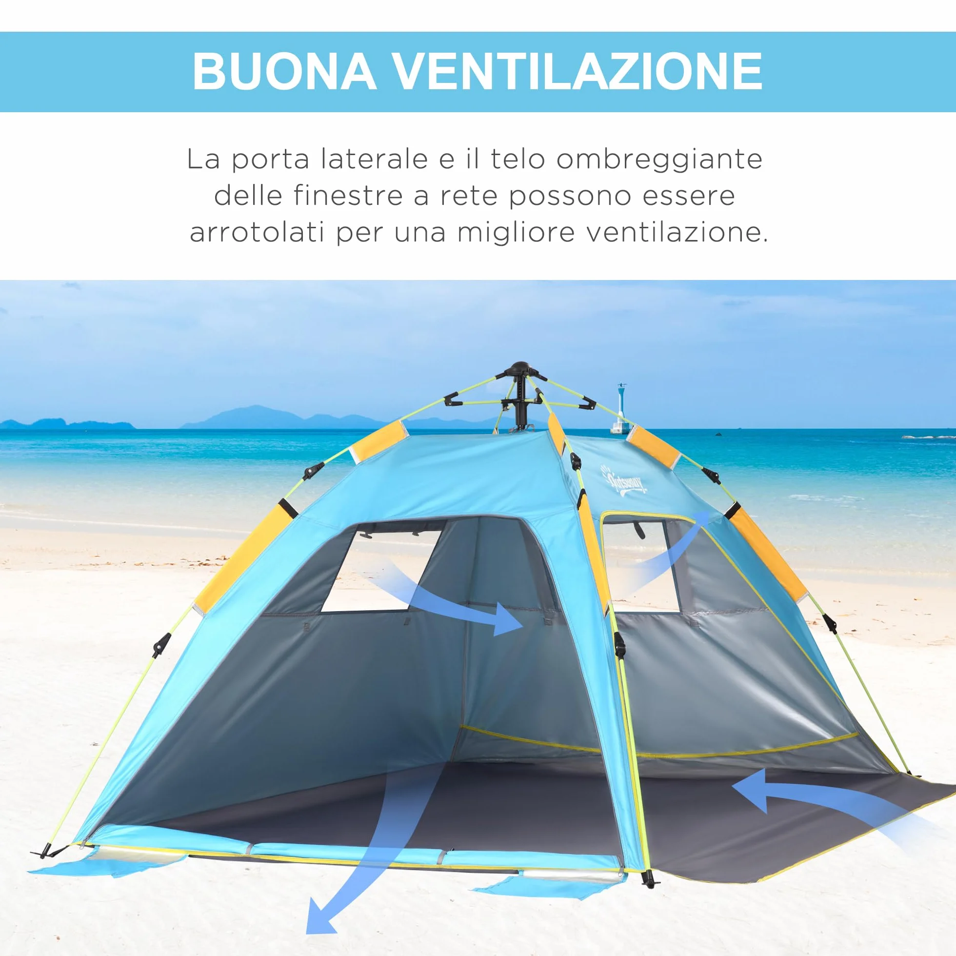 Outsunny Tenda da Spiaggia con Finestre Richiudibili e Porta a Cerniera, 220x173x120 cm