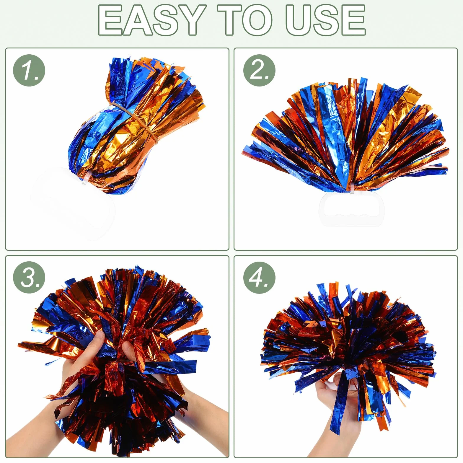 Pompon da cheerleader metallizzati con anelli per manico per sport danza tifo