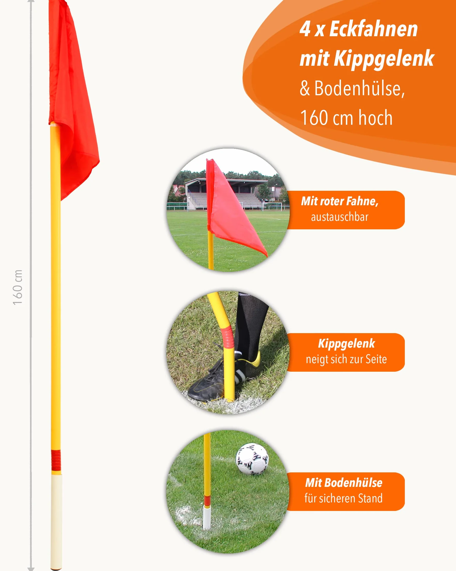 Bandiere angolari con giunto ribaltabile 4 in set 160 cm per calcio e sport