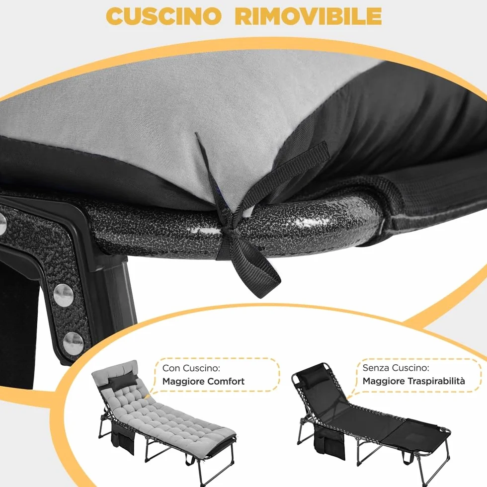 Yaheetech Lettino da Spiaggia Pieghevole Materasso Spesso 5 Regolazioni Tasca Laterale Portata 136 kg 189 x 67 x 35 cm Nero