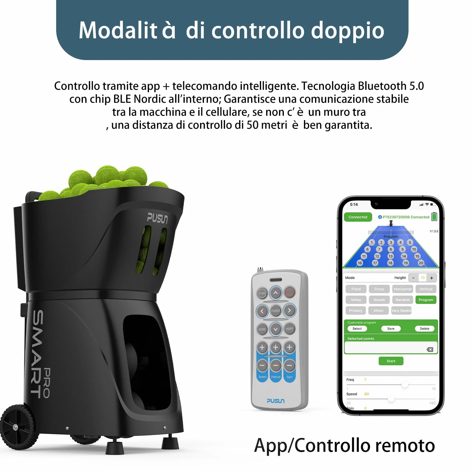 PUSUN PT-Smart-Pro Macchina intelligente per palline da tennis con controllo APP telecomando iWatch batteria 4-6H nero