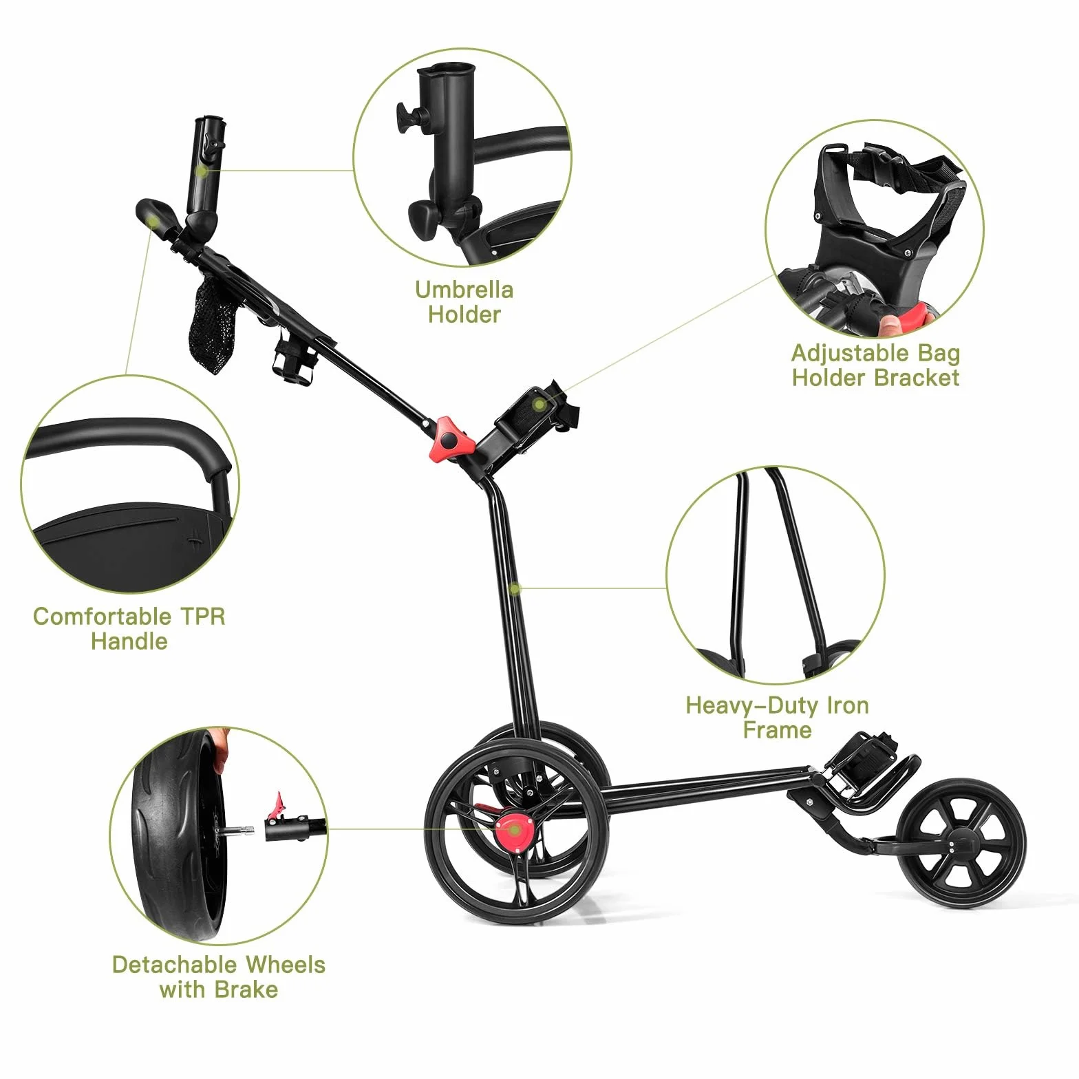 LIFEZEAL Carrello da Golf Pieghevole a 3 Ruote, Maniglia Regolabile TPR, Freno a Pedale, Ferro, Portaombrelli, Nero