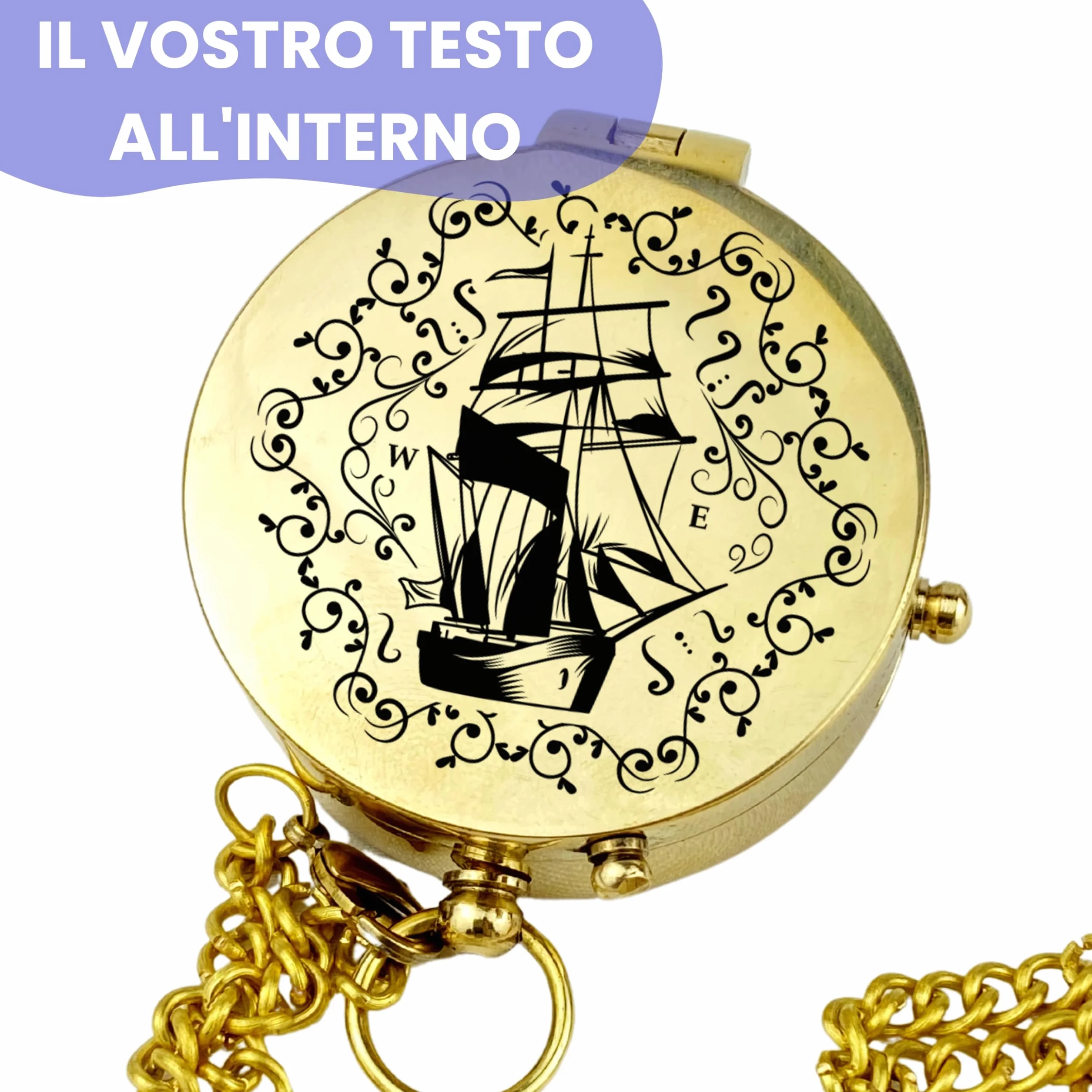 Bussola personalizzata in ottone e pelle con incisione motivo marittimo, regalo