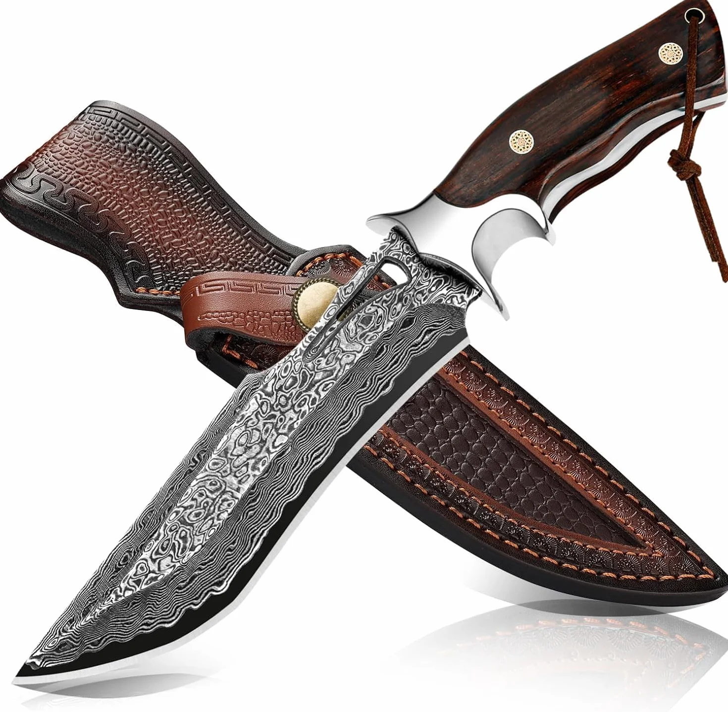 Coltello Outdoor in Acciaio Damasco 26,4 cm con Fodero, Lama Fissa Artigianale VG10, Manico in Legno, per Camping, Bushcraft e Attività all’Aperto