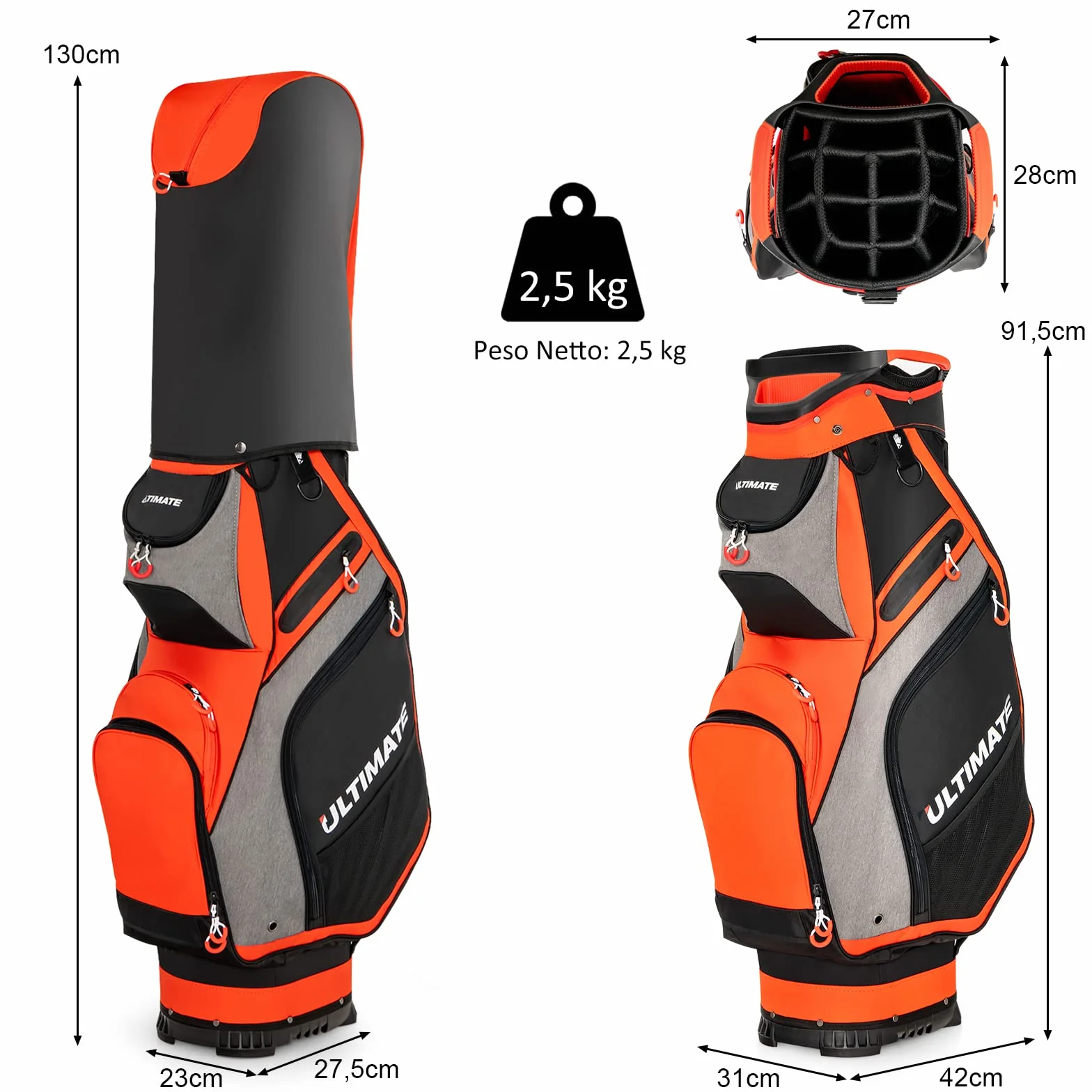COSTWAY Borsa da Golf Portatile 14 Divisori 7 Tasche Cappuccio Antipioggia Tracolla Manico Portaombrelli Rosso Grigio