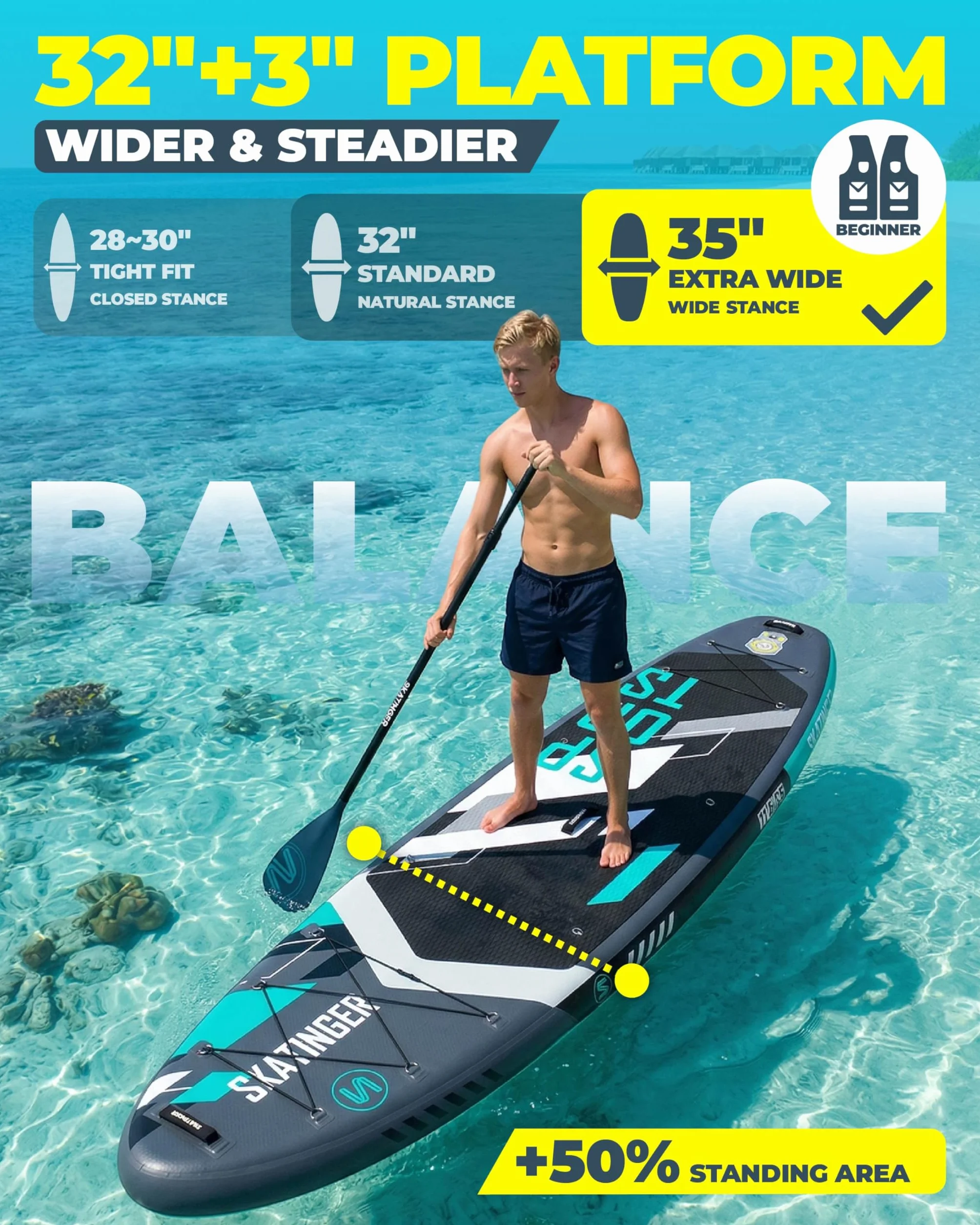 Skatinger Tavola da SUP gonfiabile 11'6 × 35" ultra stabile per 2+1 persone con zaino 100 l pinna americana