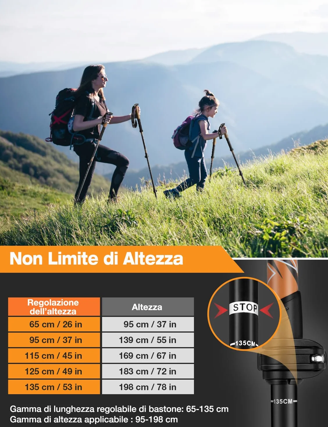 Bastoncini Da Trekking 3 Sezioni in Fibra Di Carbonio Ultraleggero Telescopico 65-135cm Con Sistema Di Blocco Rapido E Impugnatura in Sughero