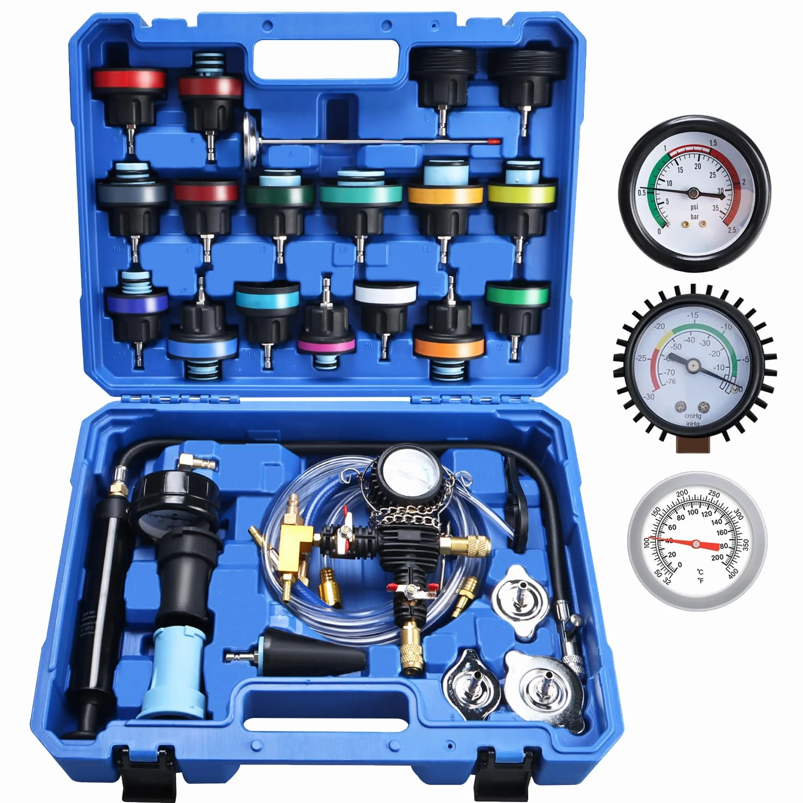 FreeTec 28pz Tester Pressione Radiatore, Universale Tester Impianto Raffreddamento con Kit Spurgo Liquido Refrigerante, Prova Pressione Radiatore Ricarica a Vuoto per Acqua Raffreddamento Auto