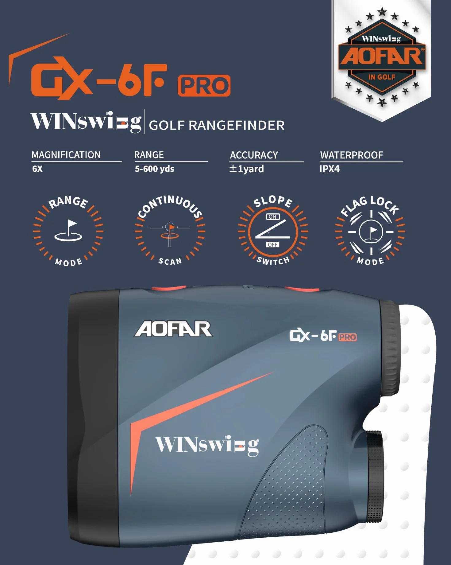 AOFAR GX-6F PRO Telemetro golf con Pendenza, 600Y, Telemetro a Scansione Continua, Blocco Bandiera Con Vibrazione Pulsata Per Le Competizioni, Lettura Di 0,2 Secondi, Versione Aggiornata