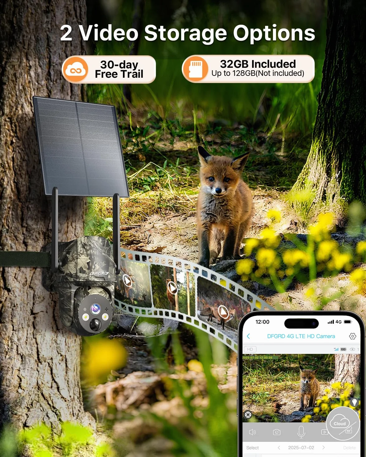 Fototrappola 4G LTE con SIM, 2K Telecamera Esterna Pannello Solare, 360° PTZ Visione Notturna Colori, Rilevamento PIR, IP66