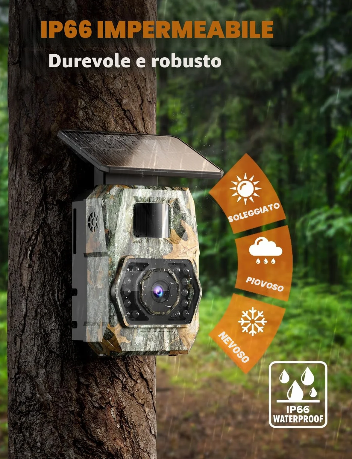 Fototrappola con Pannello Solare 60MP 4K 30fps WIFI Bluetooth App Batteria 5200mAh Angolo Rilevamento 100° HD Visione Notturna IP66
