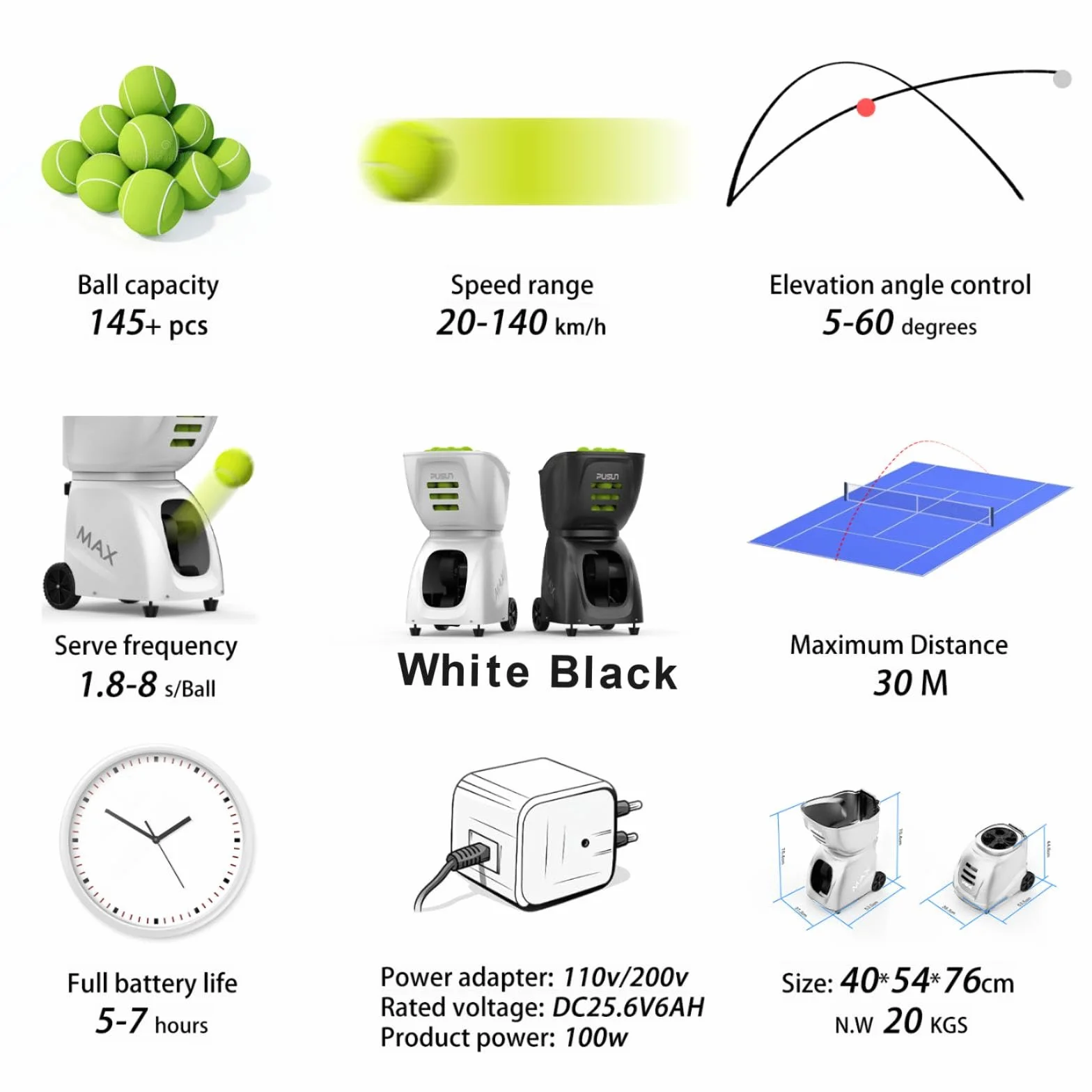 PUSUN PT-MAX C Macchina per palline da tennis professionale con controllo APP 28 punti 26 modalità allenamento velocità variabile