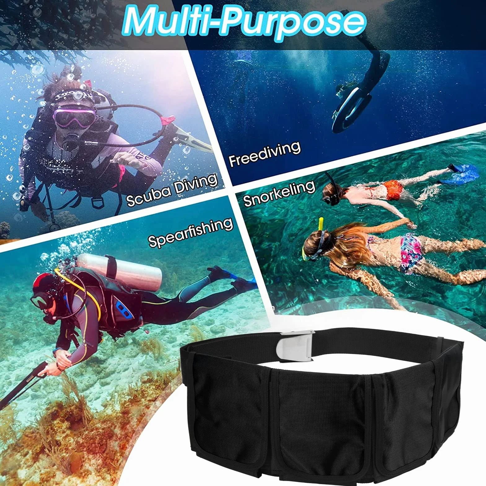Cintura con Piombi da Sub in Tessuto Oxford 4 Tasche Fibbia Sgancio Rapido Regolabile per Immersioni Snorkeling Apnea