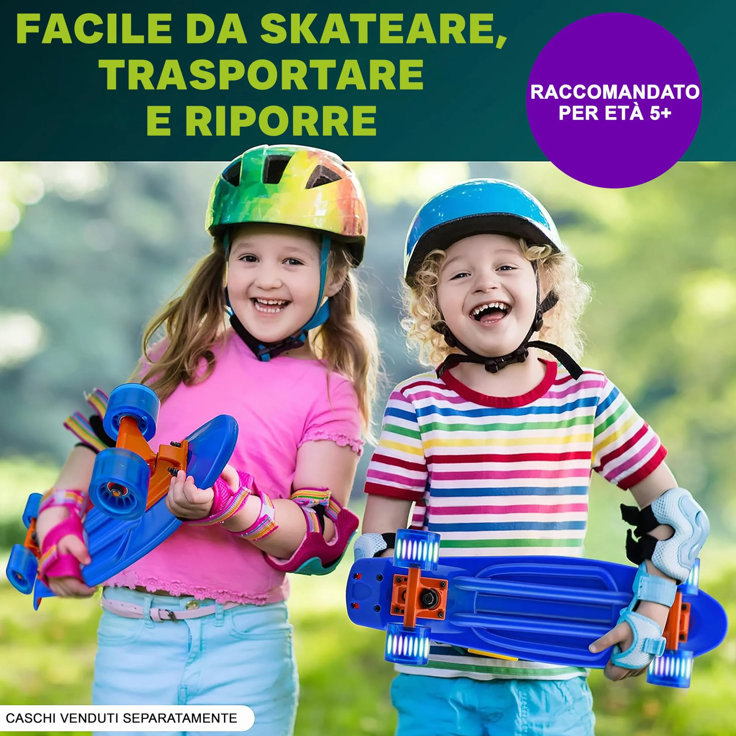 Hurtle Skateboard Mini Cruiser, Tavola PP 15,24 Centimetri, Doppio Kick, Truck in Alluminio 8,26 Centimetri, Ruote PU con LED, per Bambini da 5 Anni, Adolescenti e Adulti.