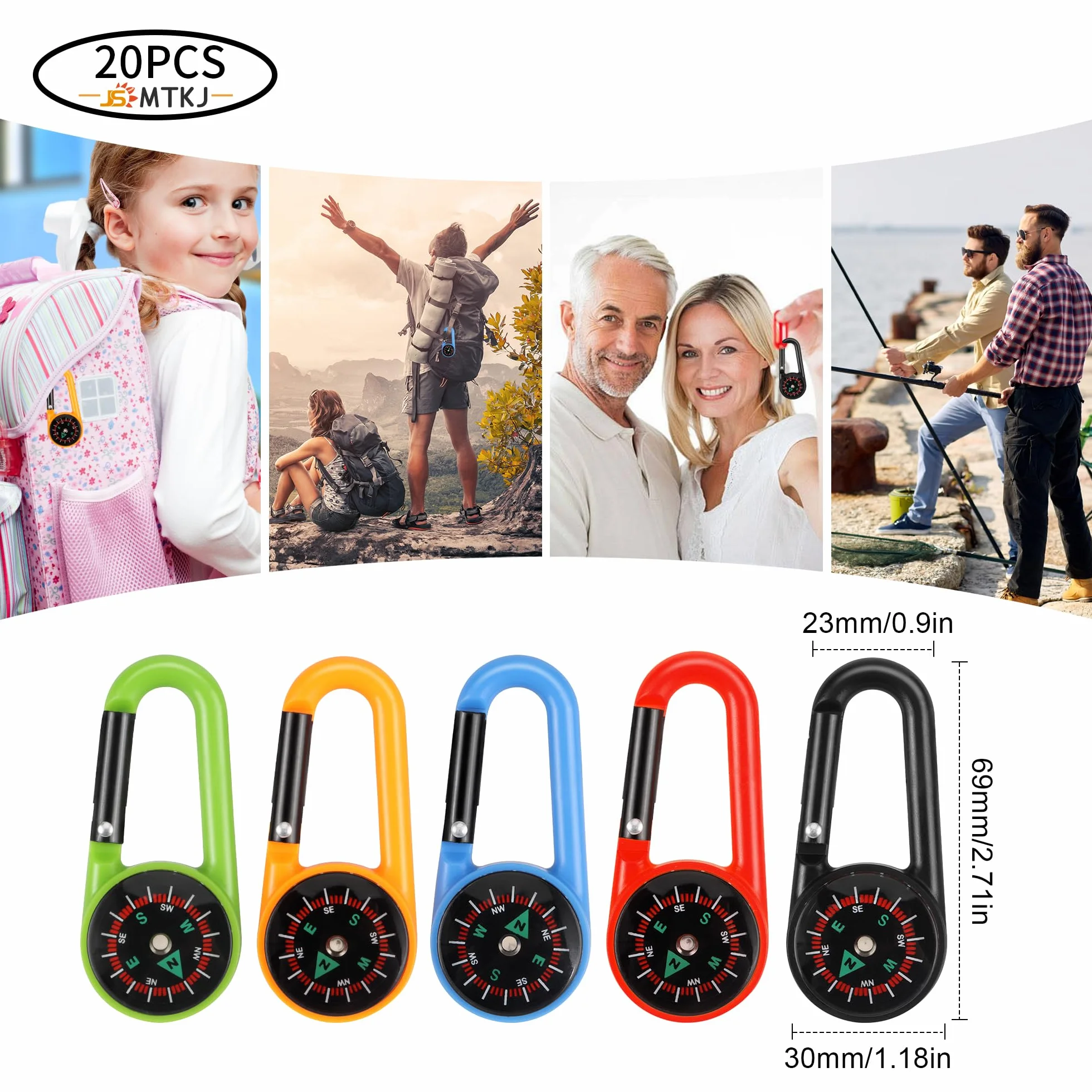 20 Pezzi Moschettoni Bussola Portachiavi Campeggio Navigazione Multicolore Bambini