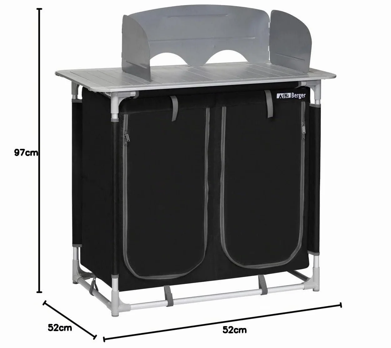 Berger Cucina da Campeggio Premium I Pieghevole Mobile Esterno Alluminio 4 Scomparti Frangivento Piedi Regolabili Nero Grigio