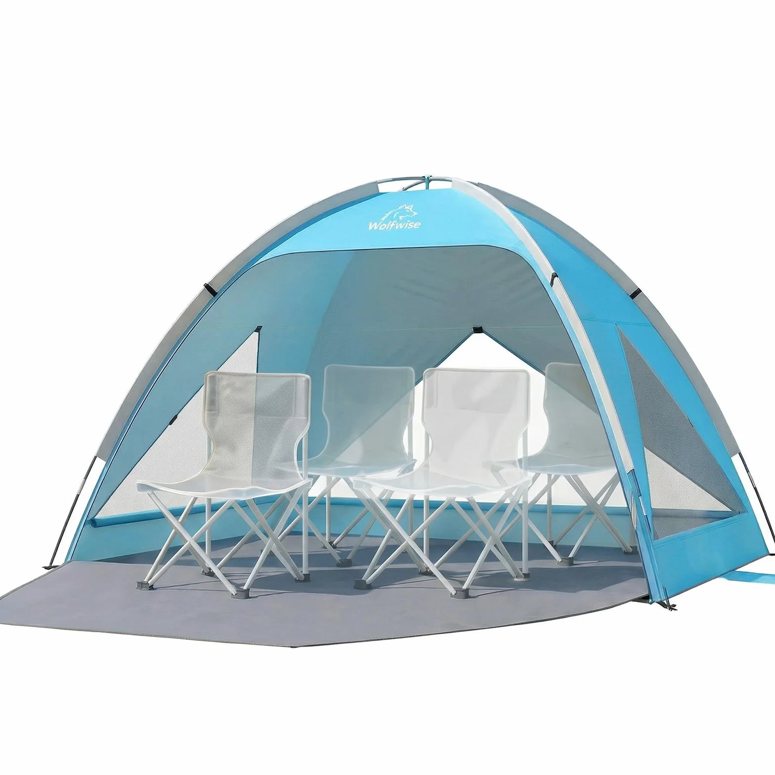 Wolfwise Tenda da Spiaggia UPF 50+ Famiglia Riparo Solare Anti-UV 3 Finestre Ventilate Pavimento Estensibile Borsa Trasporto 4 Persone Blu