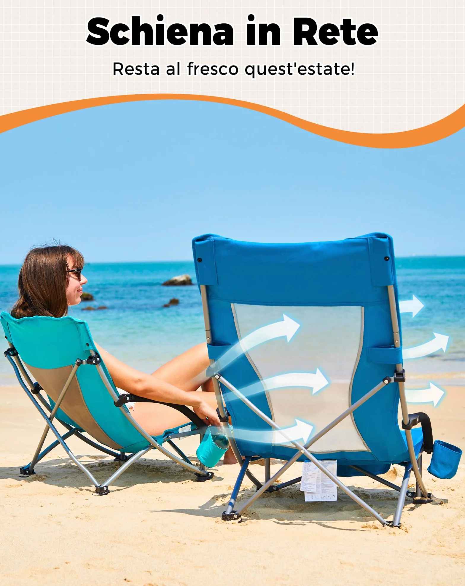 KingCamp Set di 2 Sedie da Spiaggia Pieghevoli Portata 180kg Cuscino Imbottibile Ciano