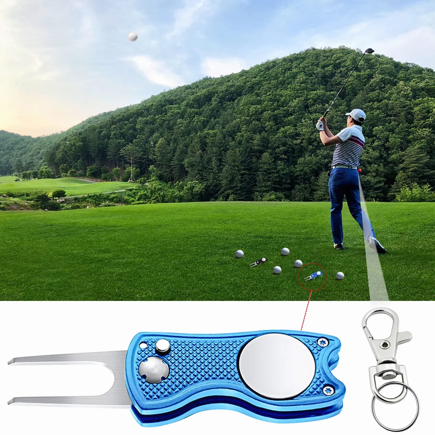 Forchetta da golf 2 pezzi in acciaio inox per riparazione volante con marcatore a palloni