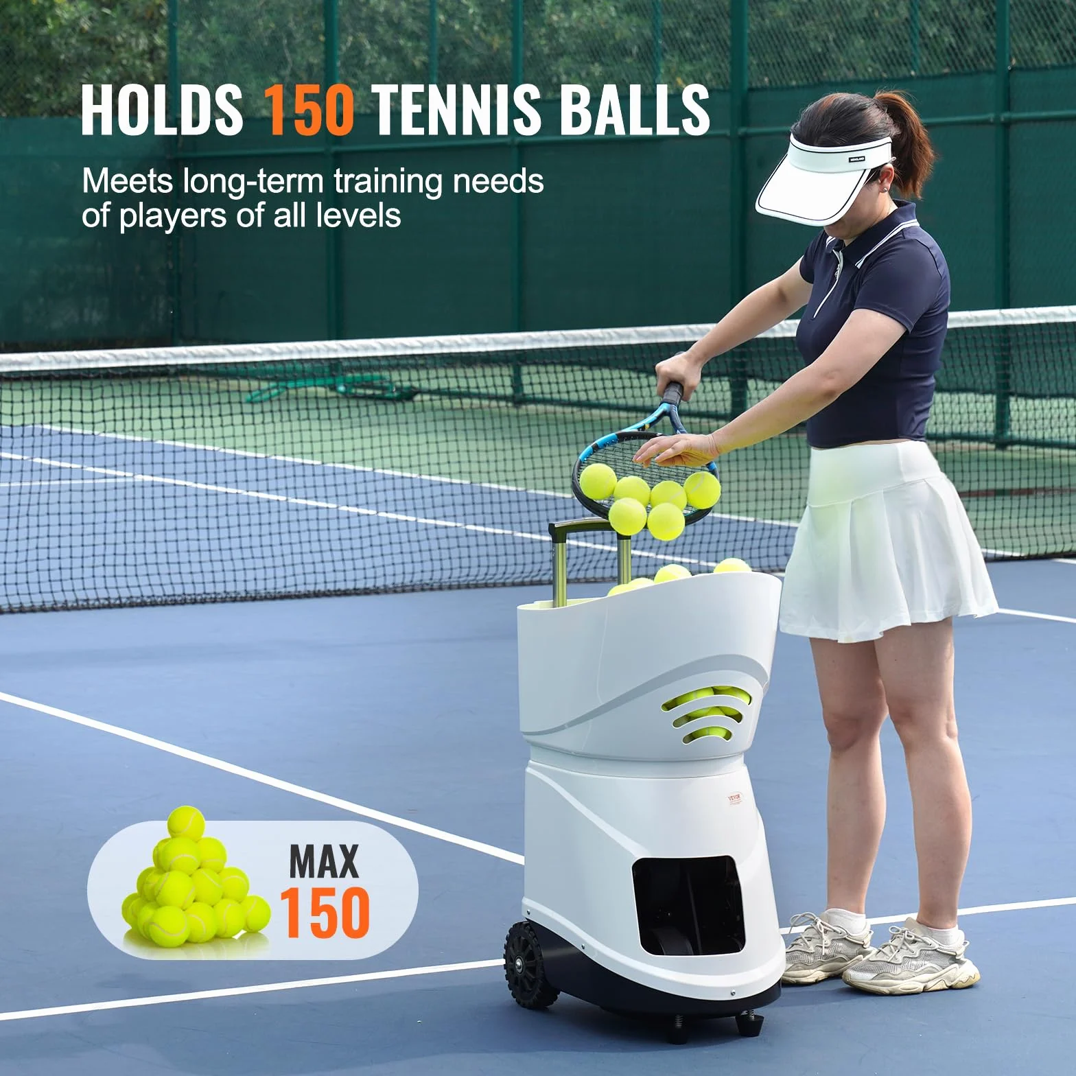VEVOR Lancia Palline Tennis Automatico Portatile, Macchina per Palline da Tennis, Lanciatore 150 Palline, Trapano Multimodale 5 Motori, Batteria Ricaricabile, Controllo Remoto App