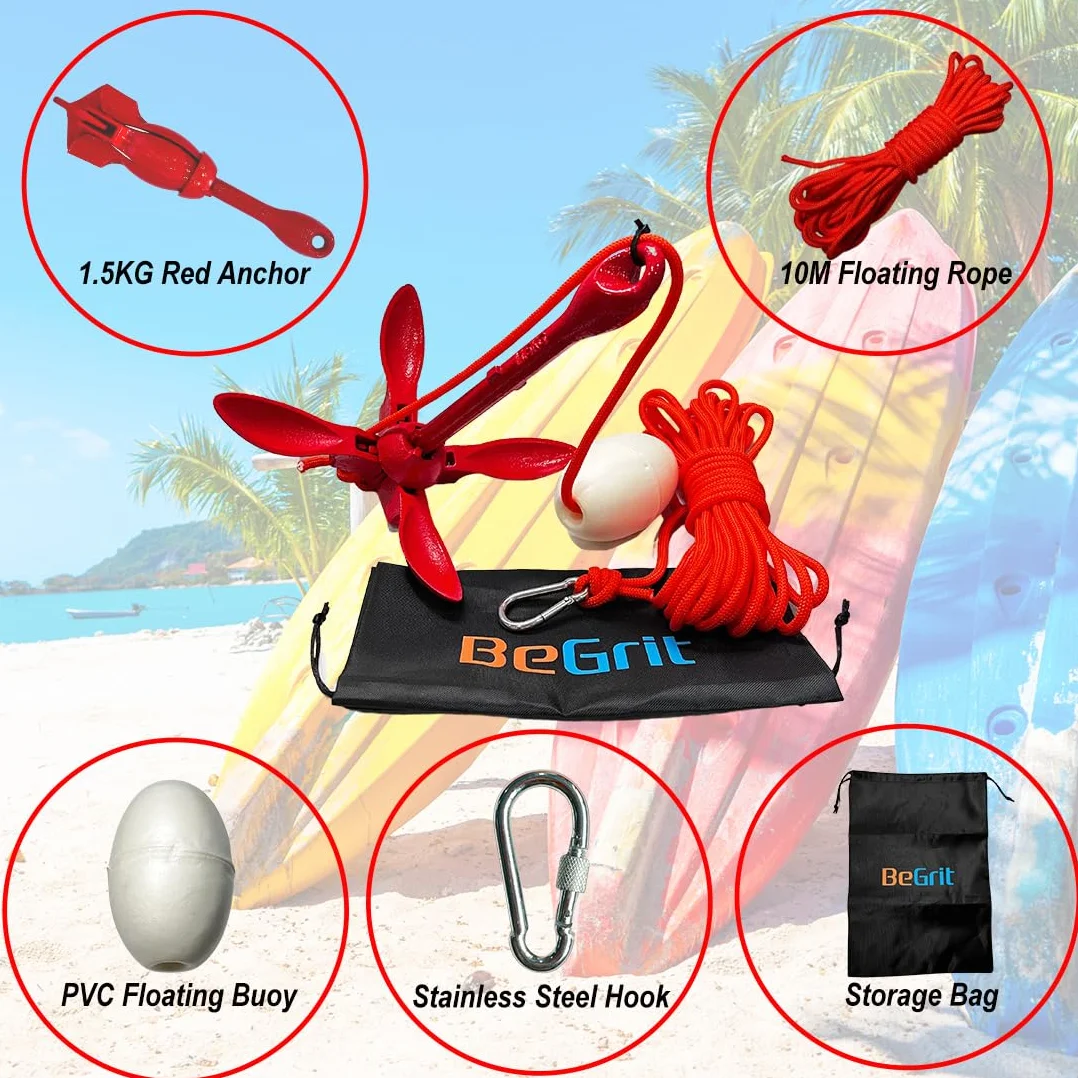 BeGrit Ancora Barca Pieghevole 1.5kg/3.3lb Kit di Ancora Kayak Gommone per SUP Canoe Ancoraggio Ombrello Acciaio Carbonio con Cima Ormeggio Corda Arancione Galleggiante da 10m e Borsa di Stoccaggio