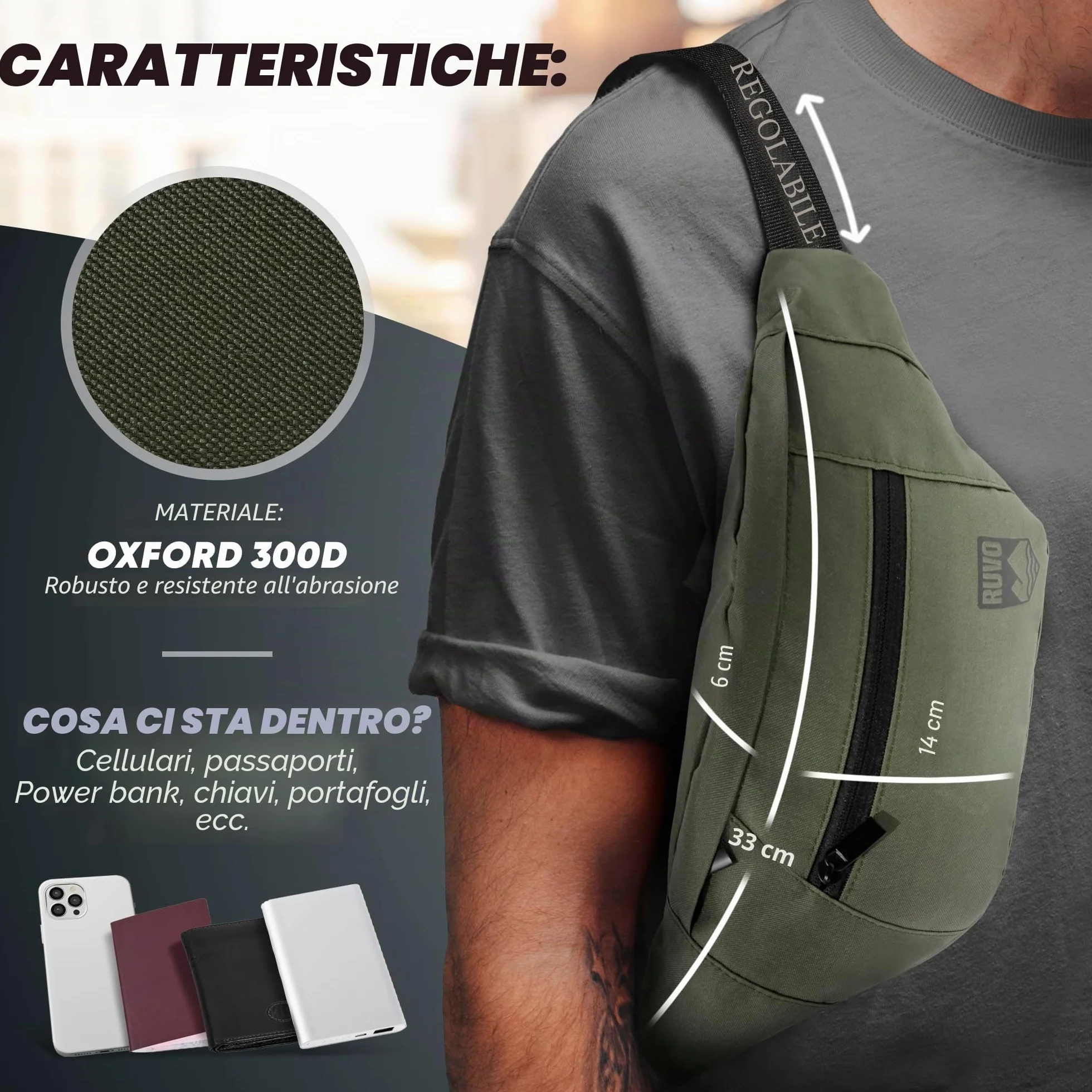 RUVO Marsupio da Cintura Uomo e Donna 4 Scomparti Chiusura a Zip Oliva Taglia Unica