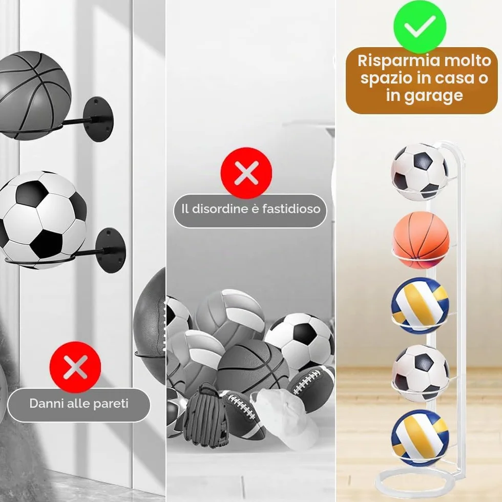 Portapalle per Calcio a 5 Livelli, Rastrelliera da Basket Verticale in Metallo, Supporto Palloni, Scaffale Stoccaggio Sportivo Bianco