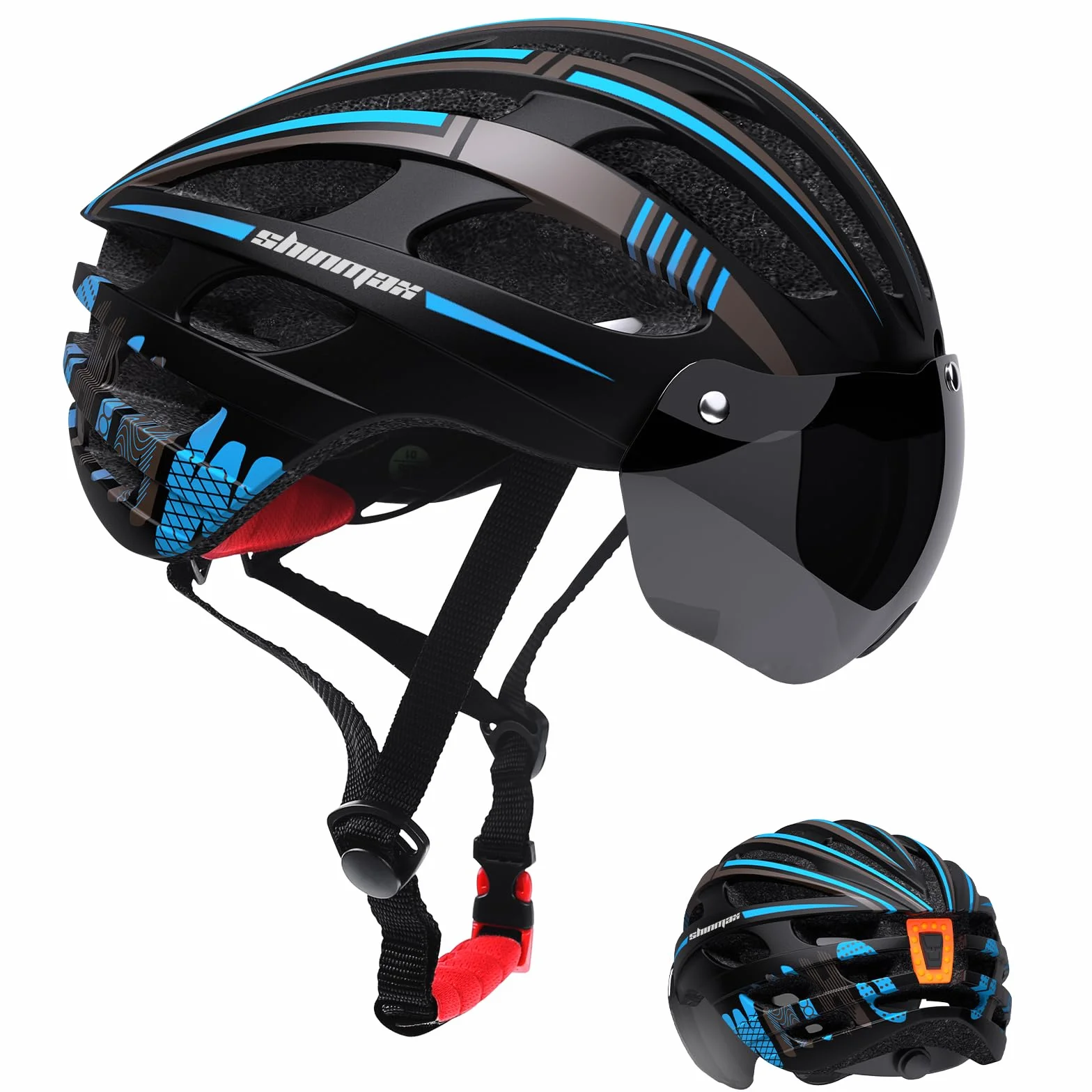 Shinmax Casco Bici Uomo Donna,MTB con USB Luce Protettiva UV Magnetica Visiera Adesivo Luminoso, Unisex Regolabile Casco Ciclismo per Strada Skateboard Certificato CE 57-62CM (RC-049)