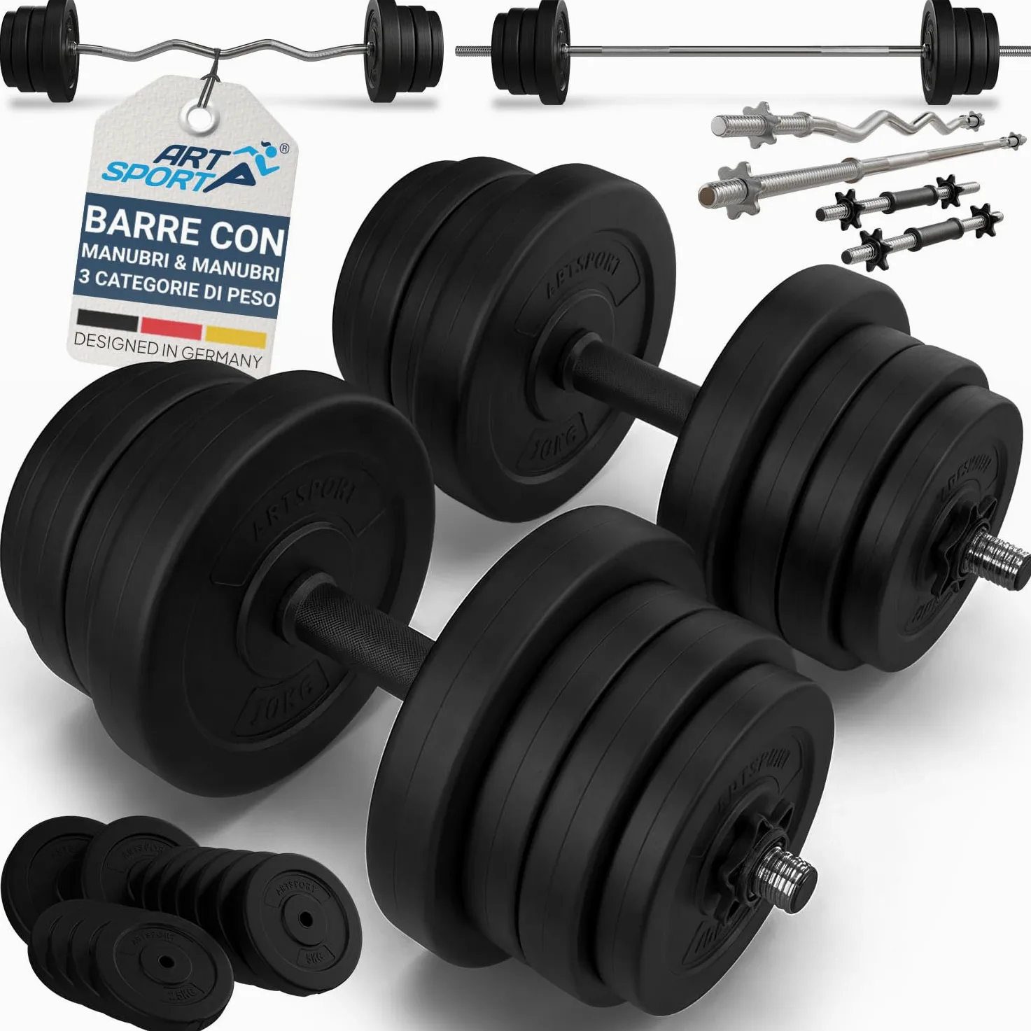 ArtSport set di manubri corti 3in1 con 2 manubri, 1 bilanciere e 1 manubrio Curl SZ - 12 pesi da 60kg e serrature a stella| Set di manubri per l'allenamento muscolare