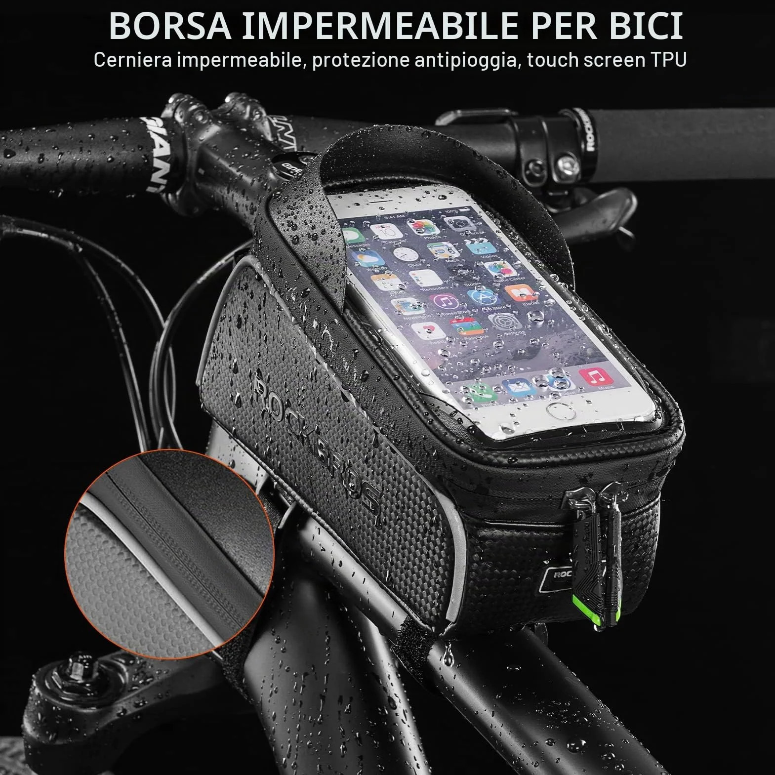 Borsa Telaio Bici ROCKBROS Idrorepellente Manubrio 1.5L Support Cellulare TPU Touchscreen 6.5" Copertura Anti-pioggia
