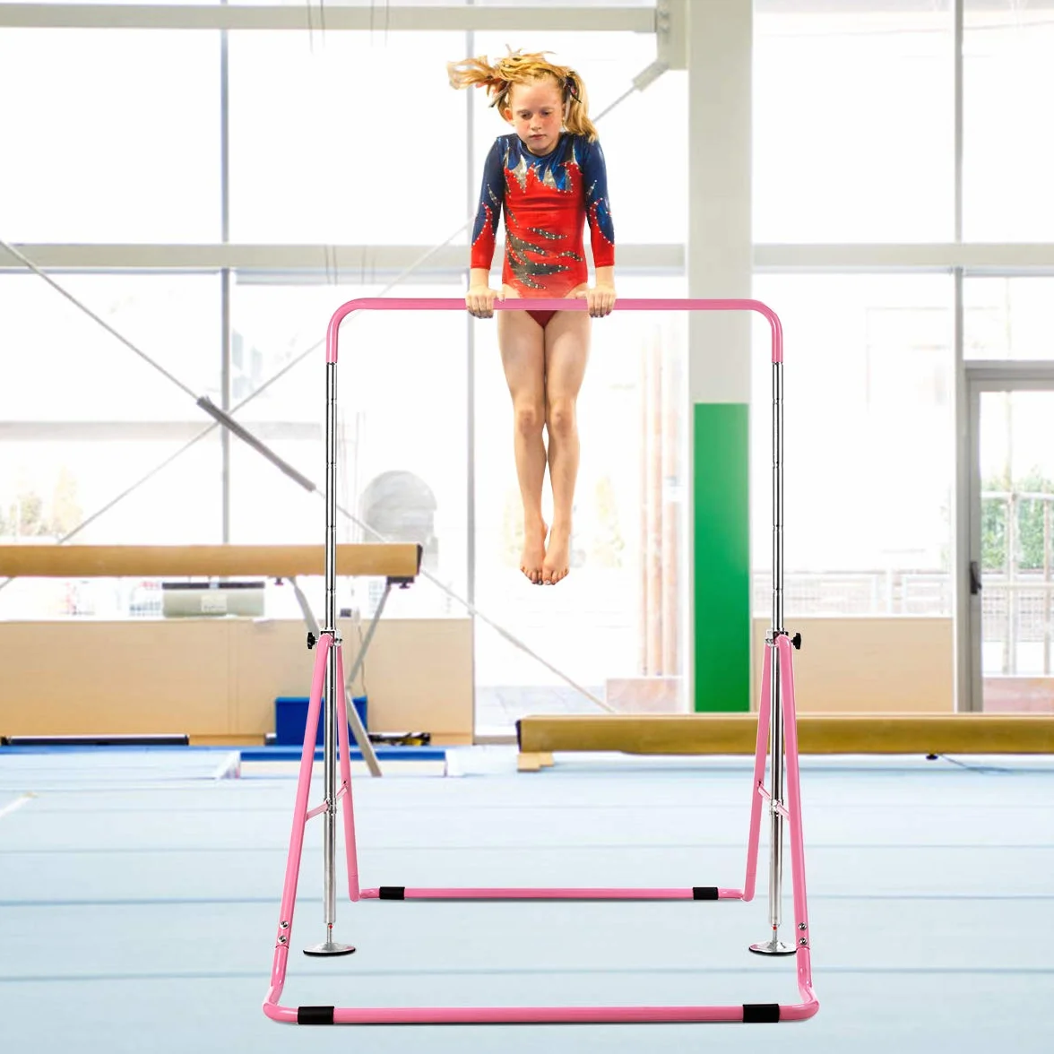 COSTWAY Sbarra Ginnastica Artistica Pieghevole, Altezza Regolabile 90-142 cm, Barra per Ginnastica per Bambini