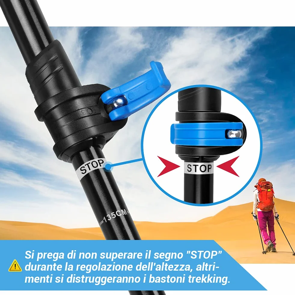 Bastoncini da Trekking 3 Sezioni 65-135cm Alluminio 7075 Blocco Rapido Impugnatura Sughero