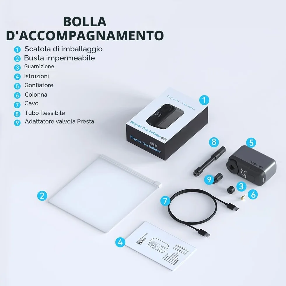 TOPUMP Mini Pompa Elettrica per Bicicletta 120 PSI con Manometro, Valvola Presta e Schrader, Auto Stop
