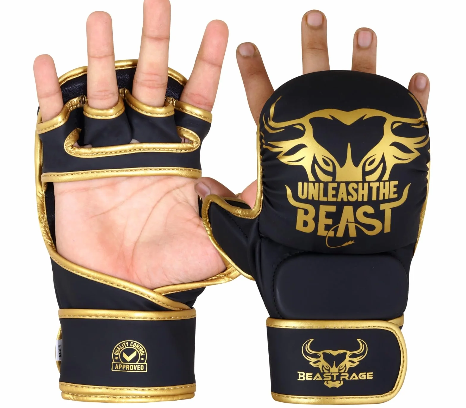 BEAST RAGE Guanti da MMA con Supporto per Polso Regolabile e Palmo Aperto per Arti Marziali, Grappling, Sparring, Muay Thai, Combattimento, Taekwondo, Kickboxing, Boxe, Allenamento