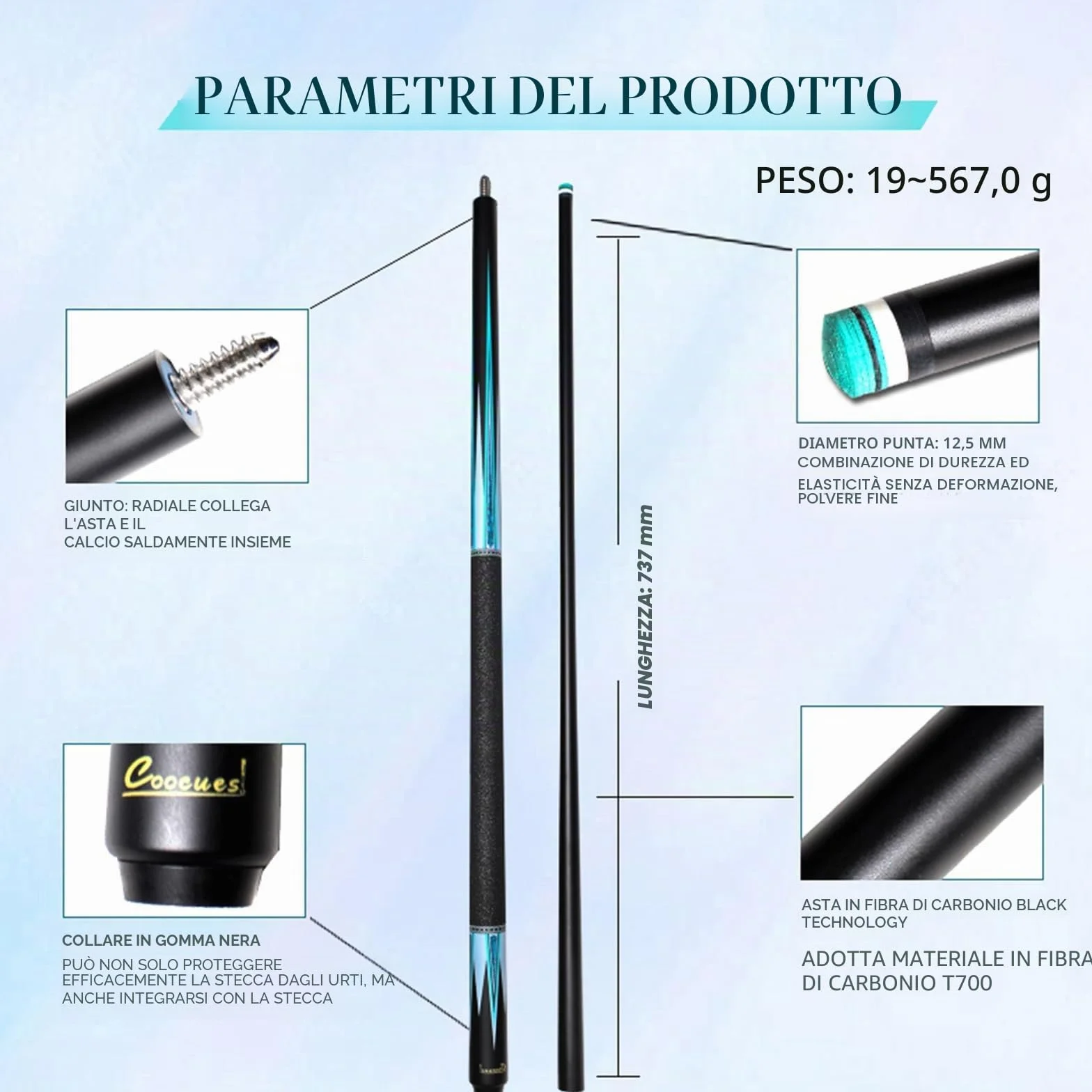 KHEALING Stecca da Biliardo Professionale Fibra di Carbonio Nera 12,5 mm 147 cm