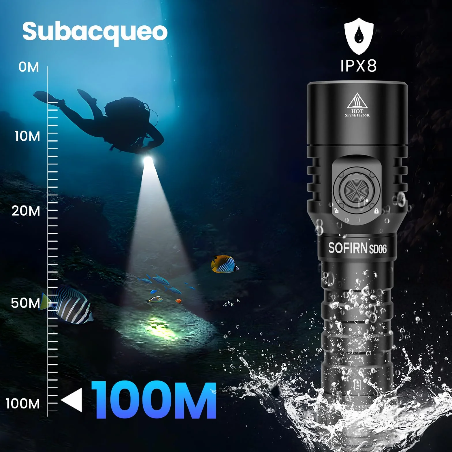 Sofirn SD06 Torcia Subacquea 3200LM 472M IPX8 6500K Professionale con Blocco e Interruttore Magnetico