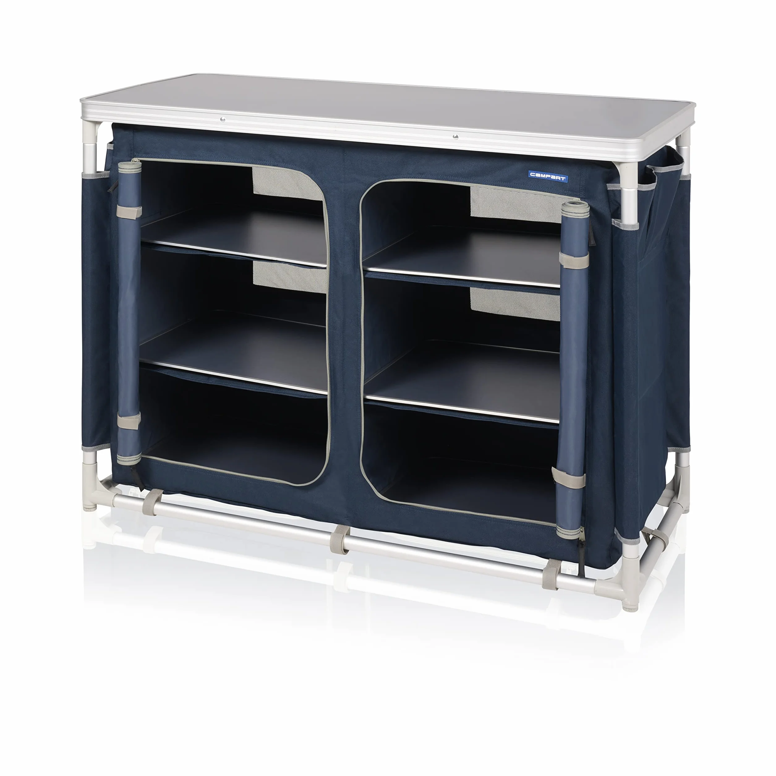Campart Credenza da campeggio Bilbao 2 compartimenti 3 ripiani 4 tasche laterali piedi regolabili borsa da trasporto Blu
