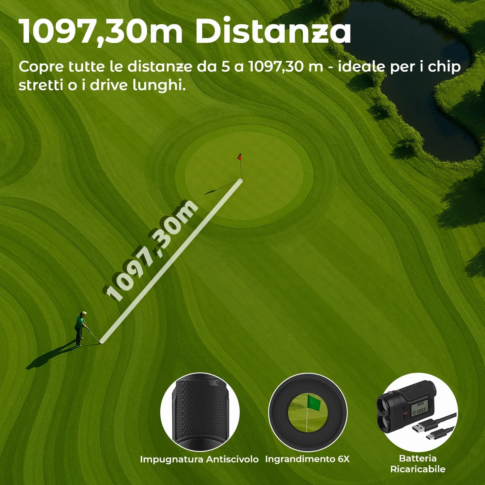Telemetro Golf 1097M con Pendenza e Blocco Bandiera di WanderS – Telemetro Laser USB-C Ricaricabile, Vibrazione, Ingrandimento 6X, Modalità Torneo, Display Laterale – Accessorio Golf Uomo