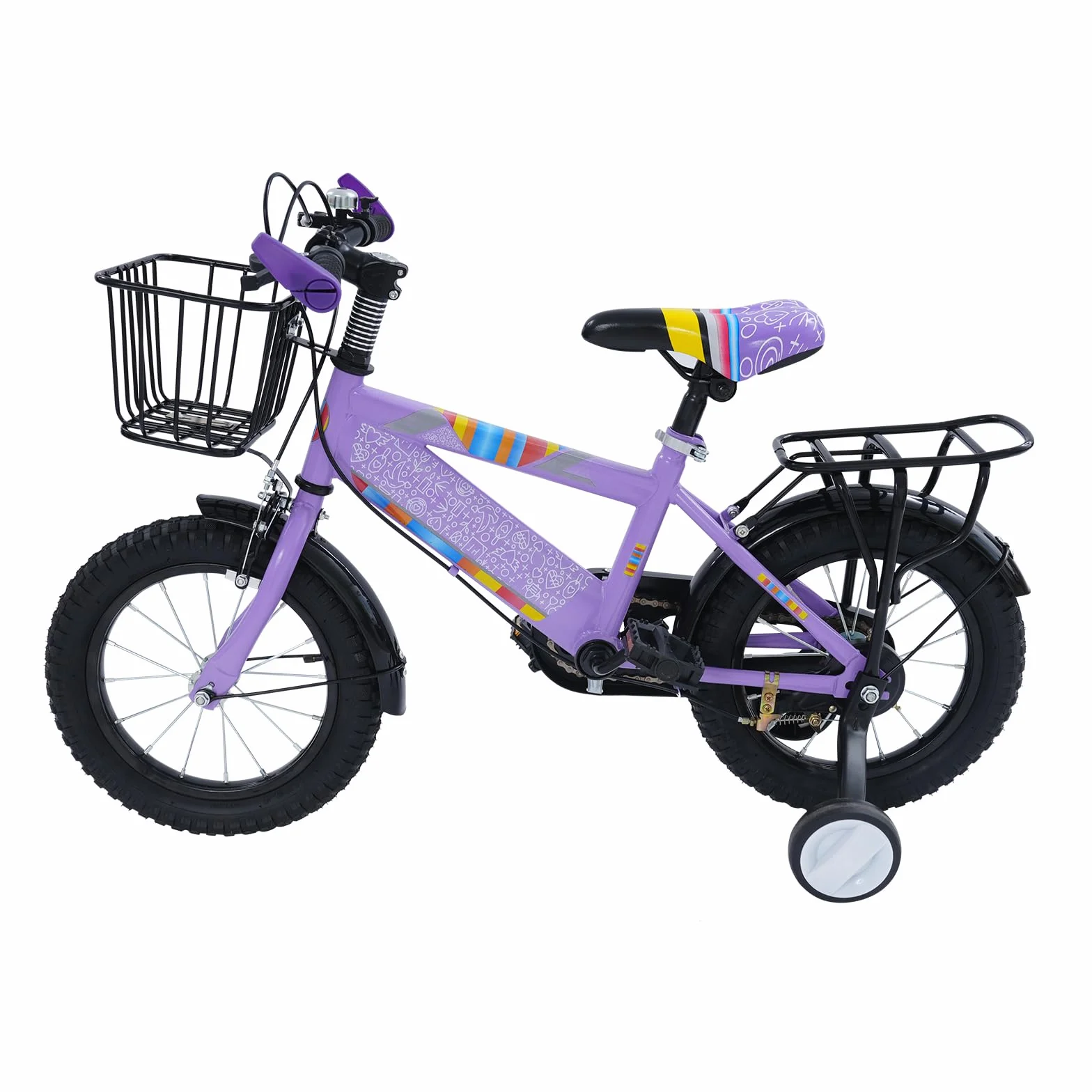 Bicicletta per bambini 14 pollici con stabilizzatore e cestello viola fino a 50 kg 3-6 anni