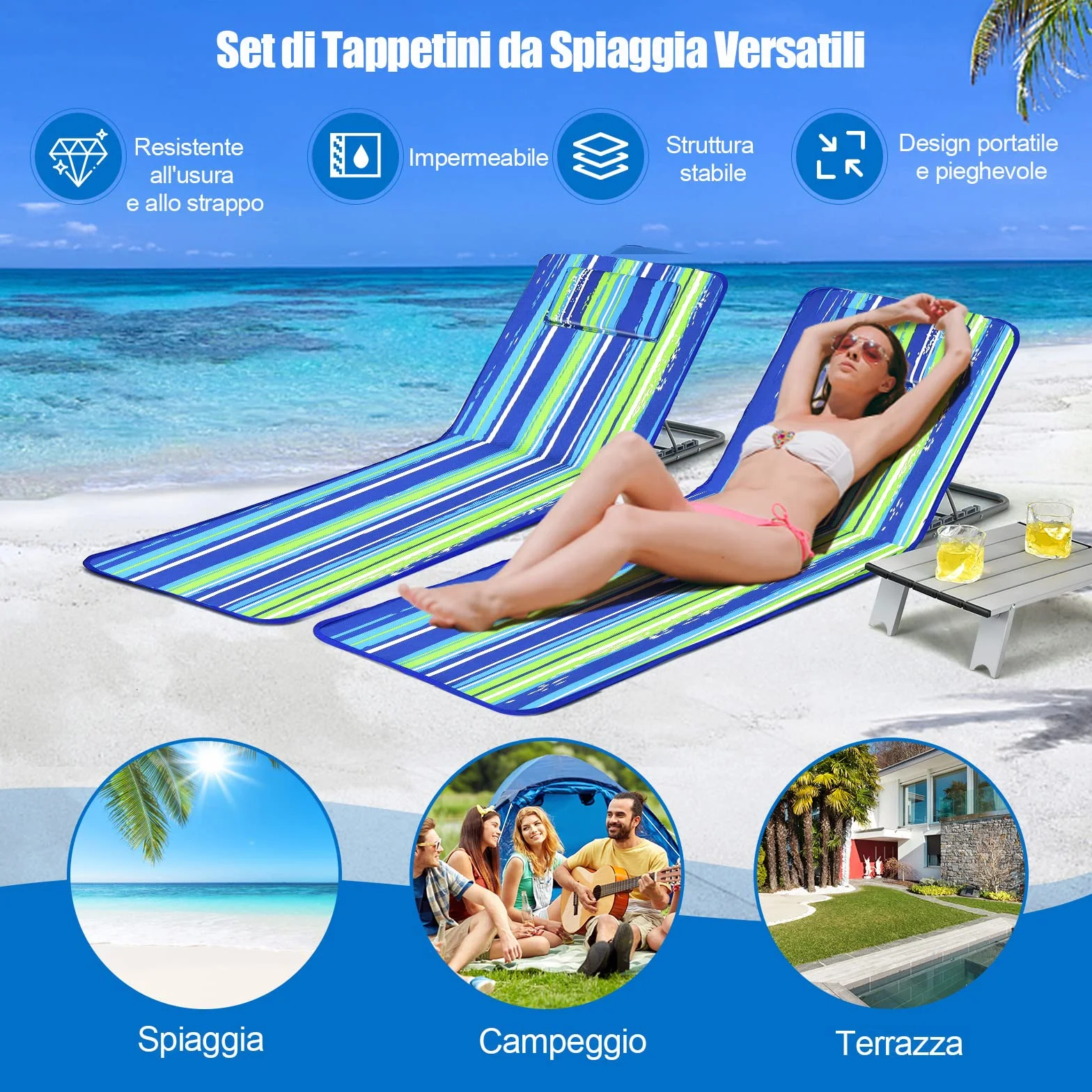 GYMAX Tappetino da Spiaggia Reclinabile Set 2 Sedie e Tavolino Pieghevole Multifunzione Blu e Verde