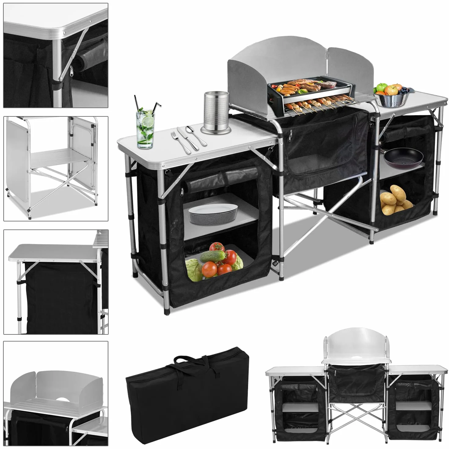 Cucina da campeggio con paraspruzzi e borsa trasporto, armadio pieghevole telaio alluminio, outdoor