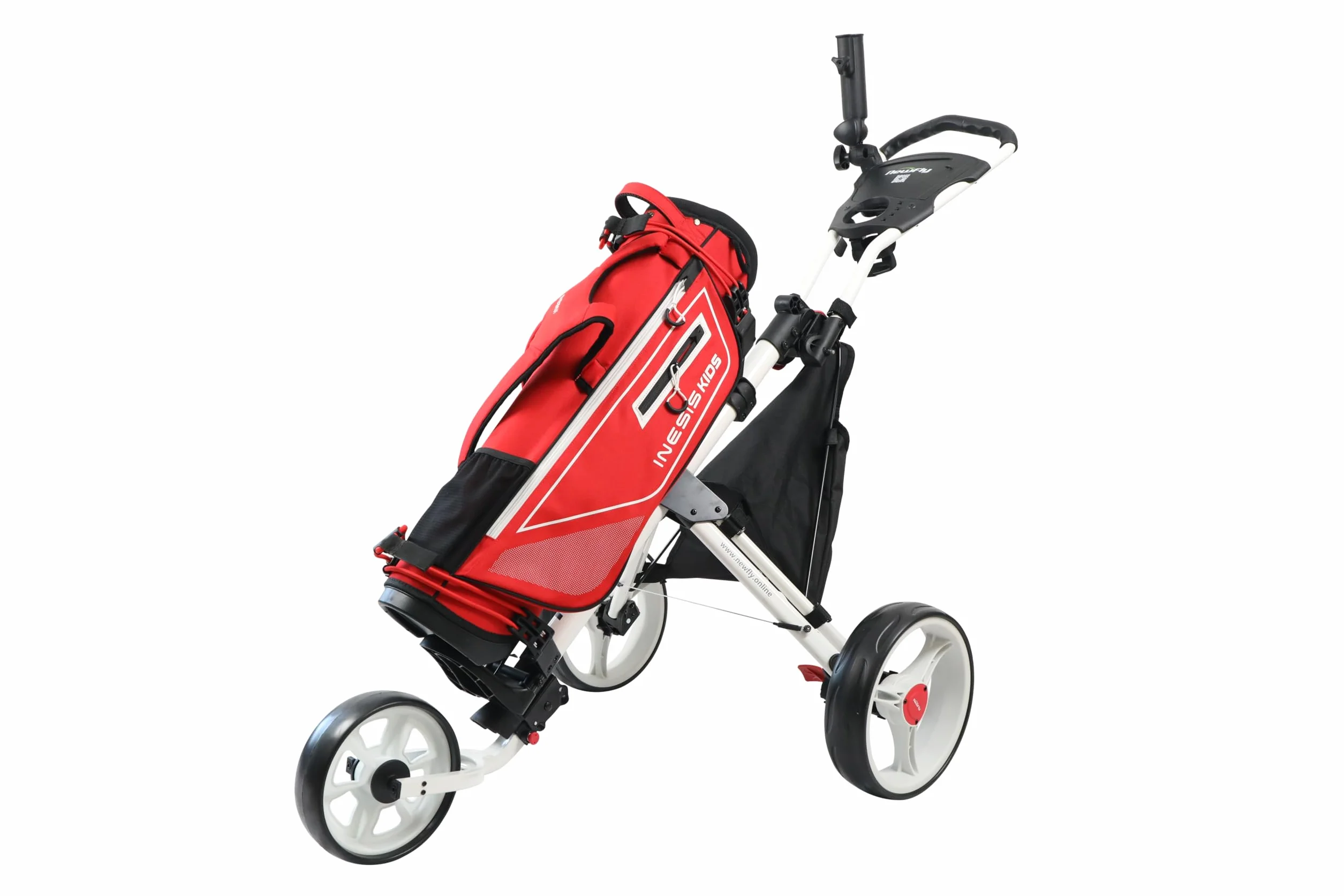 Newfly Carrello da golf 3 ruote pieghevole ultraleggero con freno a pedale bianco