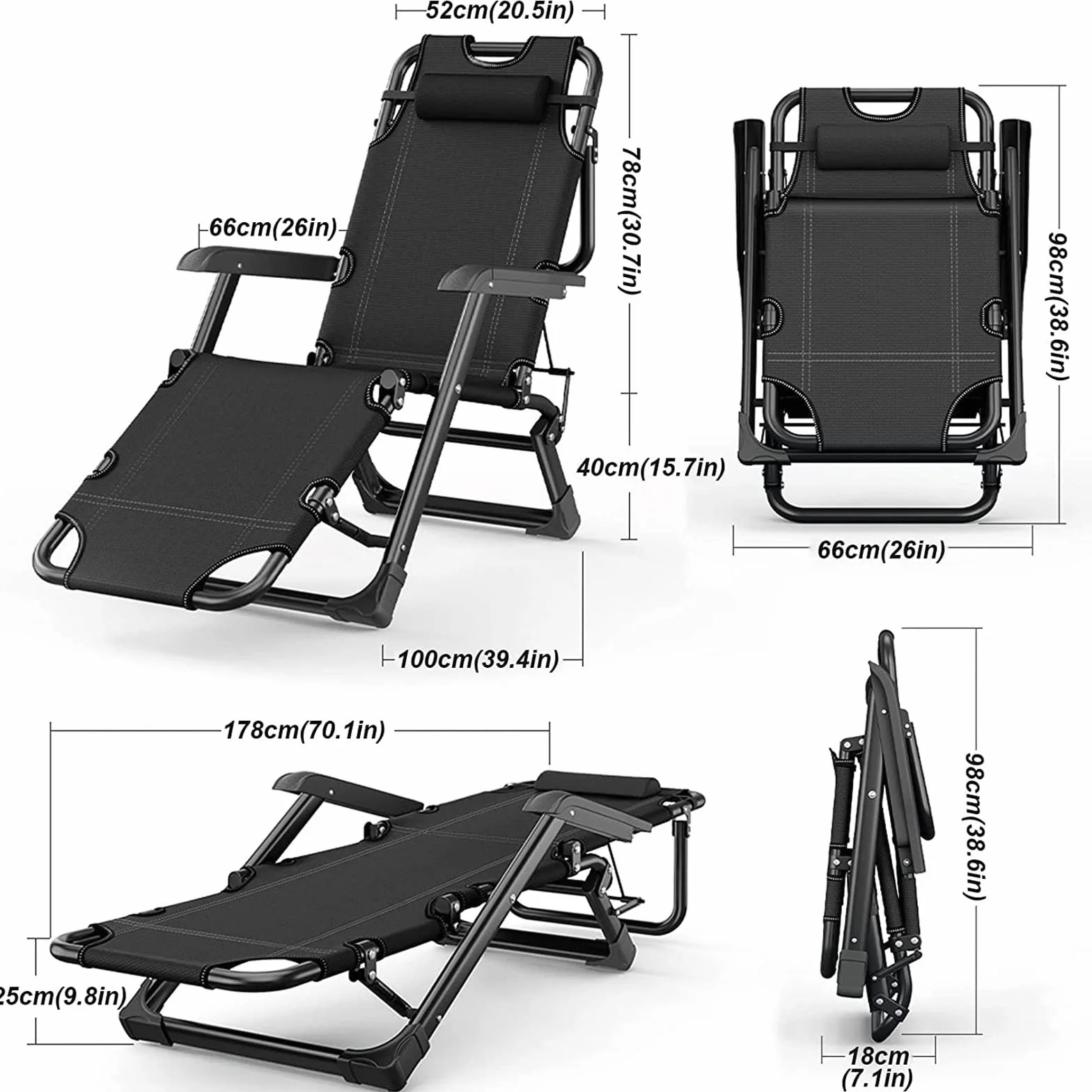 Letto da Campeggio Pieghevole Portatile, Sedia Sdraio Regolabile con Imbottitura Oversize, Letto A gravità Zero per Il Riposo All'aperto, Viaggi E Uso in Ufficio (Color : Black with Mattress)