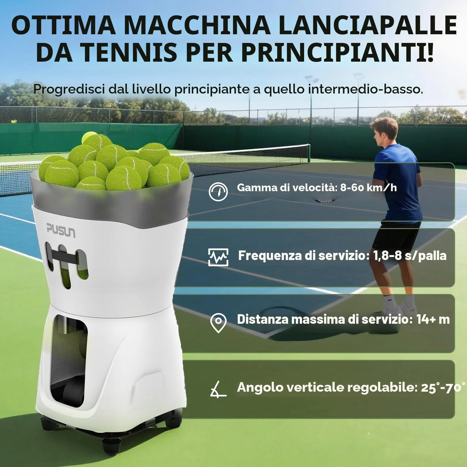 PUSUN PT-Mini Pro Macchina portatile per palline da tennis, 65 palline, supporto app e telecomando