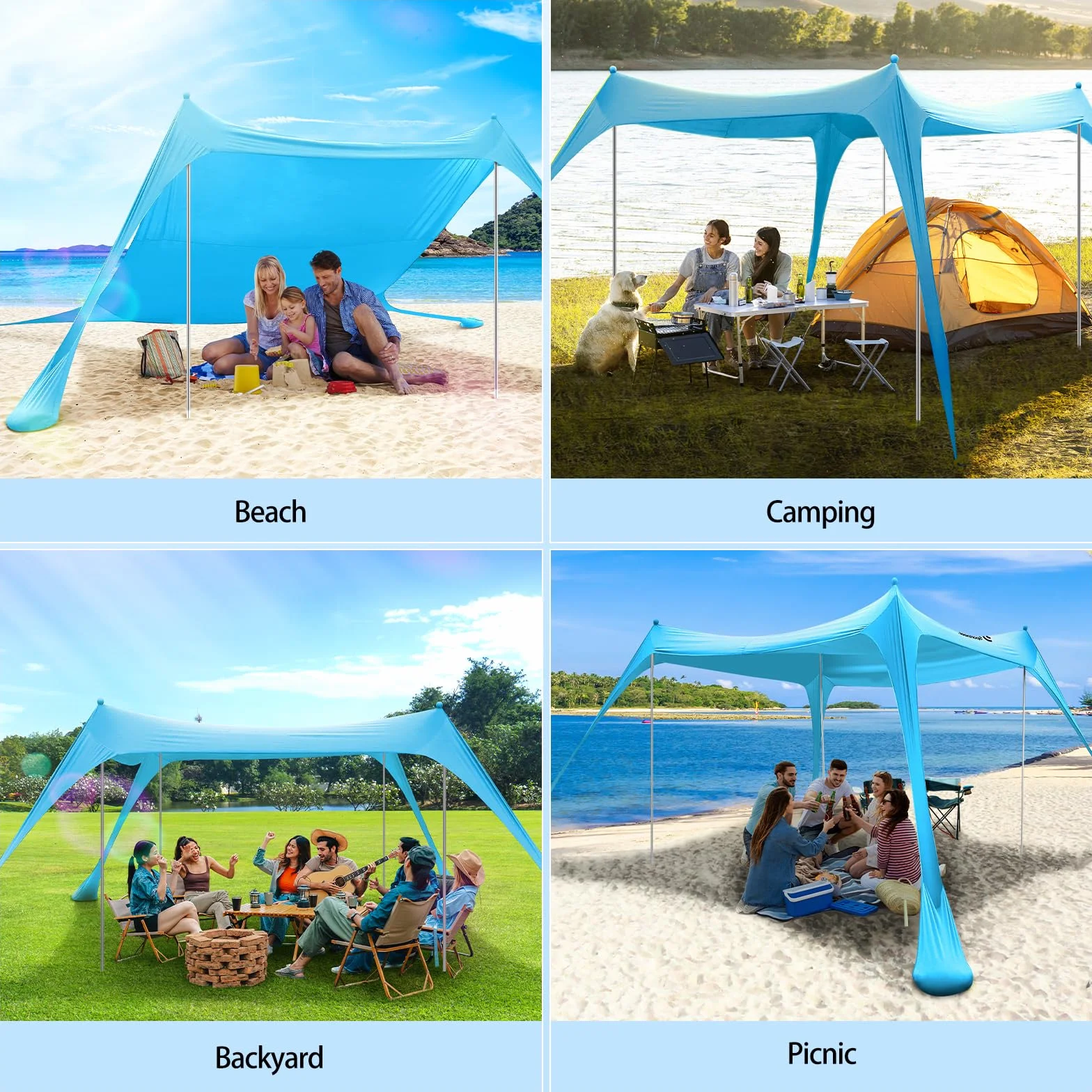 Sportneer - Tenda a baldacchino da spiaggia, tenda da spiaggia, parasole UPF50+, con 4 pali di stabilità, pala di sabbia e picchetti per spiaggia, campeggio, cortile, picnic all'aperto