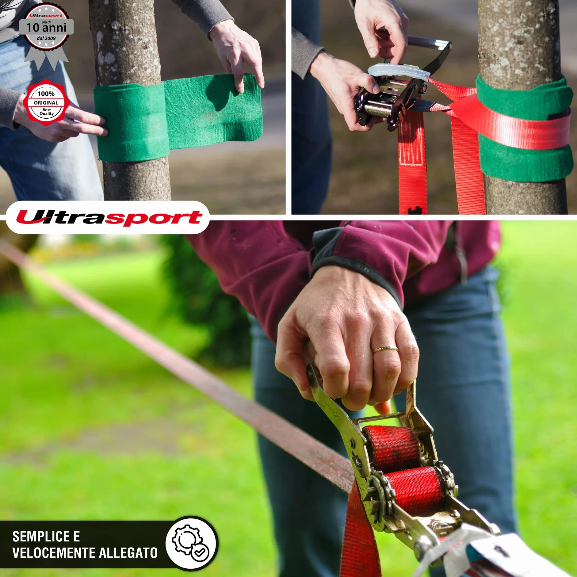 Ultrasport Slackline 15m-25m Set Completo con Cricchetto e Borsa Trasporto, Certificato TÜV GS