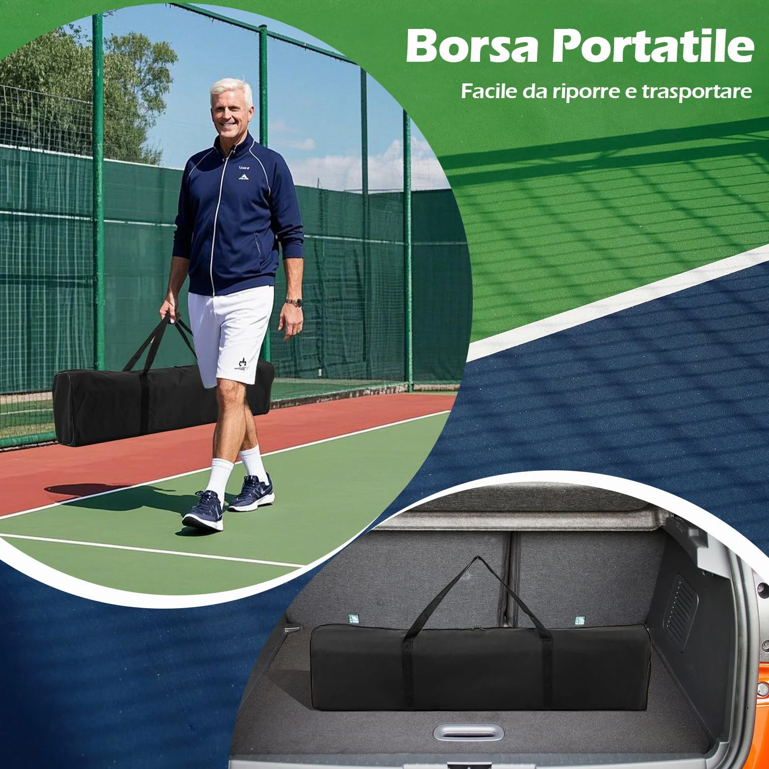 COSTWAY Rete Pickleball Portatile 6,7 m con Ruote, Telaio in Metallo e Borsa da Trasporto, per Badminton e Allenamento Multifunzionale